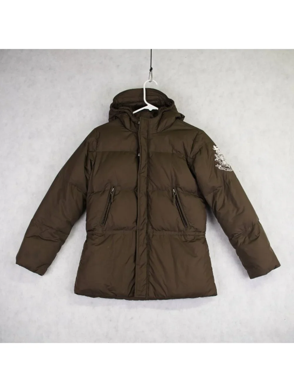 Ralph Lauren Younth XL (16) Brown Hooded Down Puffer Jacket Crest Logo